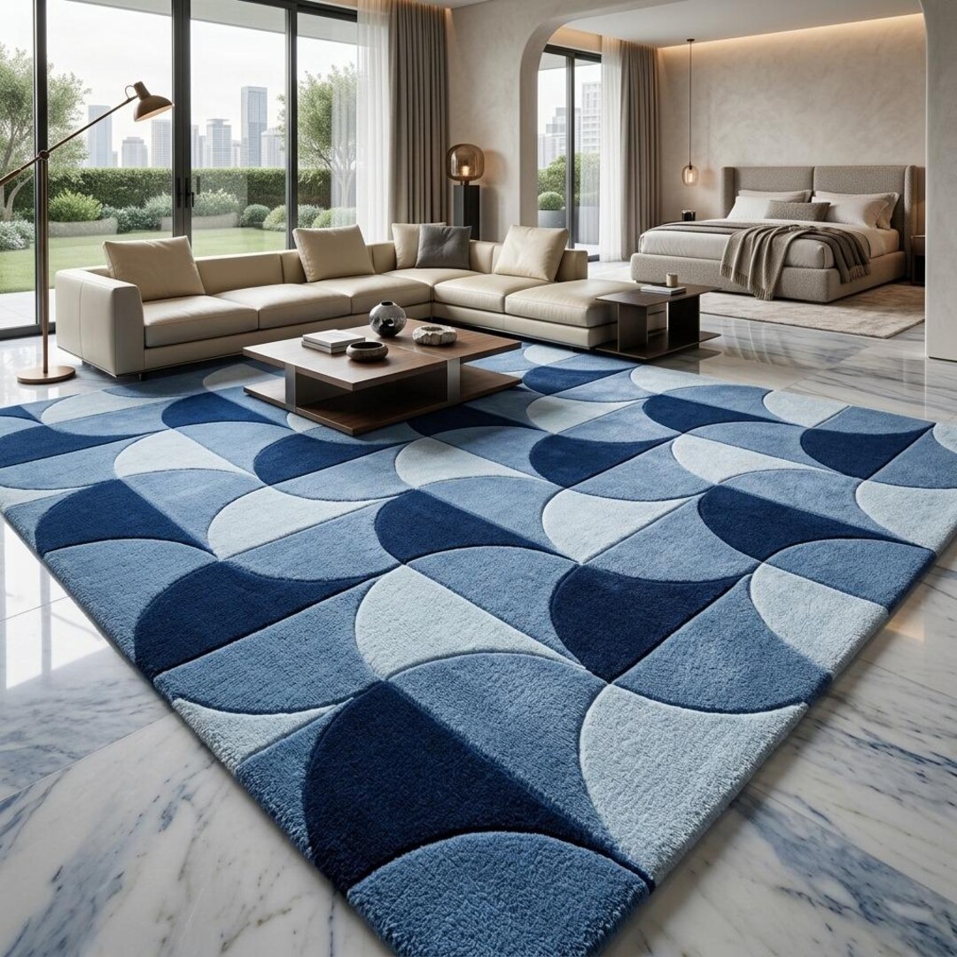 Luxury Handmade Tufted Blue Geometric Area Rug Modern Soft Carpet for ...