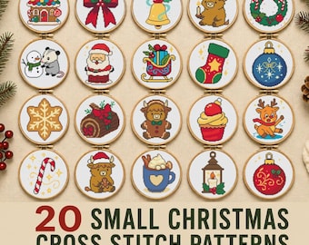 Conjunto de 20 patrones de punto de cruz navideños en miniatura, patrones de adornos navideños para principiantes: bola de Navidad, bastón de caramelo, corona, Papá Noel, reno (descarga instantánea).