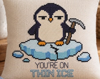 Patrón de punto de cruz de pingüino sarcástico, diseño de bordado "Estás en hielo fino", gráfico de costura de pingüino sarcástico