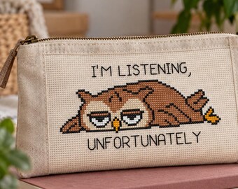 Patrón de punto de cruz de búho sarcástico, diseño de bordado "Estoy escuchando, lamentablemente", bordado sarcástico - Descarga instantánea