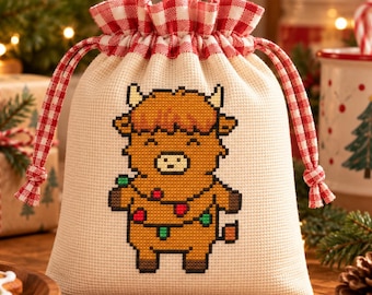 Patrón de punto de cruz de vaca de las Tierras Altas para principiantes - Gráfico de bordado de luces navideñas, diseño de bordado de adorno navideño, Feliz Navidad