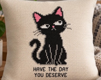 Patrón de punto de cruz de gato negro, bordado de gato sarcástico, patrón de bordado "Ten el día que te mereces" (descarga digital)