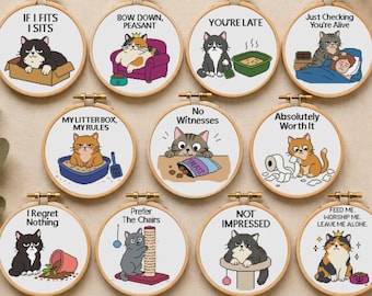 Paquete de 11 patrones de punto de cruz de gatos sarcásticos, archivo PDF para guardar los patrones, regalo divertido y atrevido para amantes de los gatos, pequeño gráfico de punto de cruz con un toque de humor sarcástico.