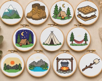 11 patrones de punto de cruz para minicamping, patrones pequeños de punto de cruz para exteriores, senderismo, tienda de campaña, montaña, fogata (PDF), Pattern Keeper