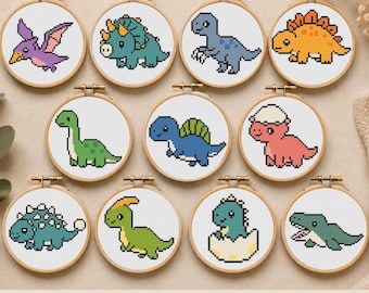 11 patrones de punto de cruz de dinosaurios pequeños, punto de cruz de dinosaurios, ideas para baberos de bebé, punto de cruz para guardería infantil, descarga instantánea