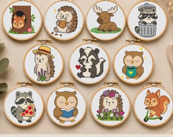 11 patrones de punto de cruz de animales del bosque: alce, ardilla, mapache, erizo, mofeta, búho. Diseños de bordado. Descarga instantánea en formato PDF.