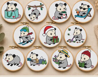 11 patrones de punto de cruz de mini zarigüeyas, divertidos bordados para principiantes con temática de bosque, libros de invierno, café, otoño y senderismo para Navidad - Descarga instantánea