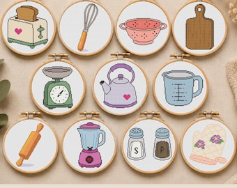11 patrones de punto de cruz para cocina, diagrama de bordado de decoración rústica, diseño de bordado de utensilios de cocina en PDF, regalo para panadero, cocinero o chef.