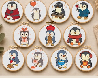 11 patrones de punto de cruz de mini pingüinos, diseños de bordado de pingüinos fáciles para principiantes, invierno, vino, café, Navidad - Descarga digital instantánea