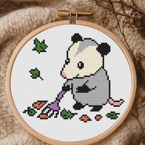 Tiny Fall Opossum Cross Stitch Pattern For Beginner - Funny Opossum Raking Leaves Instant Download, Gift For Animal Lover
