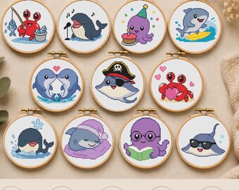 11 Patrones de punto de cruz de animales marinos, conjunto de animales marinos, diseños de bordado en PDF de tiburón, ballena, pulpo, raya y cangrejo (descarga instantánea)