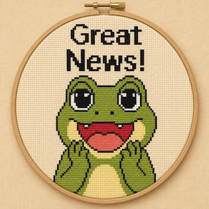 Great News Frog Cross Stitch Pattern, Happy Frog PDF, Positive Animal Gift, Pattern Keeper