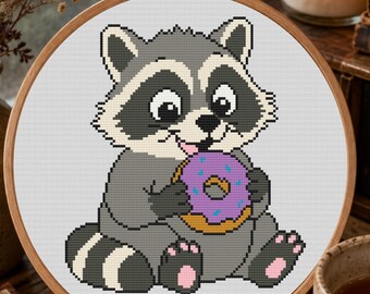 Ohio Raccoon Cross Stitch Pattern, Ohio State PDF, Beginner Woodland Pattern, Cute Gift For Donuts Or Raccoon Lover, Pattern Keeper