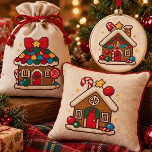 Pode incluir: Um saco de presente bege com cordão, um ornamento em bastidor de bordado circular e uma almofada quadrada, cada um com um design de casa de gengibre em ponto cruz com decorações de doces coloridos, laços vermelhos e bengalas.