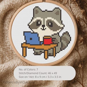 Funny Tiny Raccoon With Computer Cross Stitch Pattern - DIY Office Decor, Home Office Gift - Beginner Weekend Project For Animal Lovers
