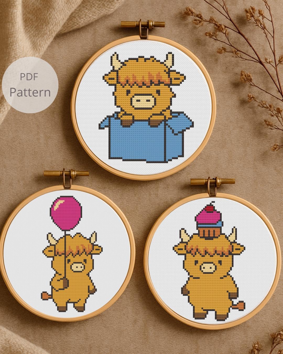 Mini Highland Cow Cross Stitch Pattern Set - 3 Cute Cow Cross Stitch ...
