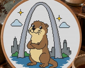 Missouri Otter Cross Stitch Pattern, Missouri State PDF, Beginner Gift For Otter Lover Pattern, Gateway Arch Stitch, Pattern Keeper