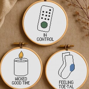 May include: Three cross-stitch hoops with humorous phrases. One hoop features a remote control with the text "IN CONTROL." Another shows a candle with the text "WICKED GOOD TIME." The third depicts socks with the text "FEELING TOE-TAL."