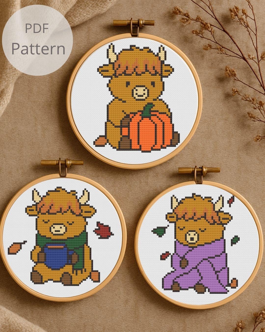 Mini Fall Highland Cow Cross Stitch Pattern Set - 3 Cute Cow Cross ...