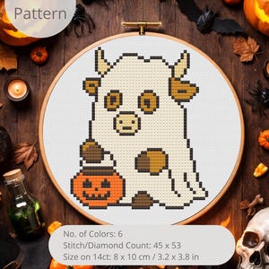 Simple Tiny Halloween Highland Cow Trick Or Treating Dressed As A Ghost Cross Stitch Pattern For Beginner - DIY Fall Instant Download PDF