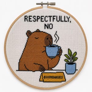 Modèle de point de croix « Pas de capybara » (respectueusement), PDF « Limites de vie et de travail », cadeau pour introvertis, kit de couture sarcastique, carnet de patrons