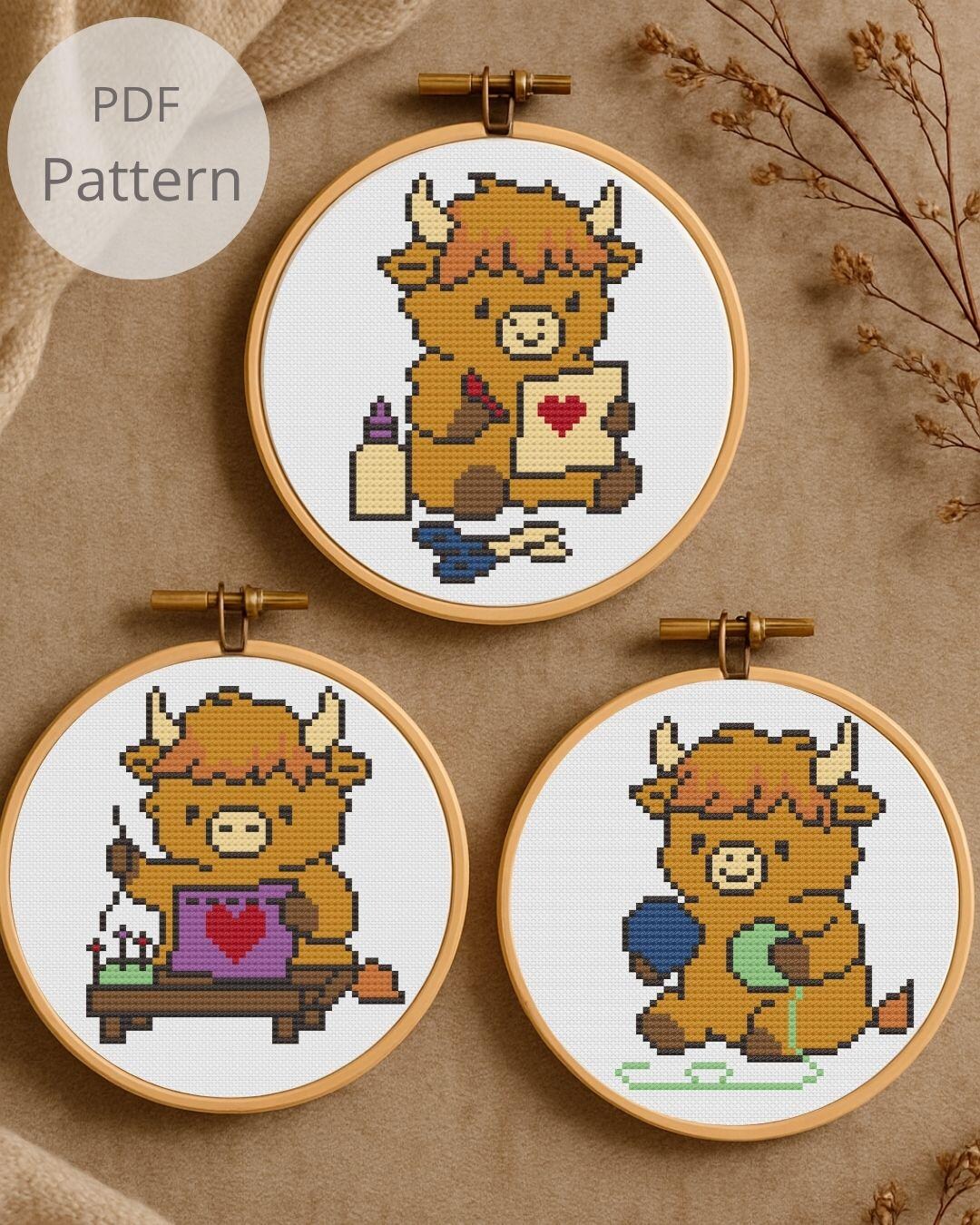 Mini Crafty Highland Cow Cross Stitch Pattern Set - 3 Cute Cow Cross ...