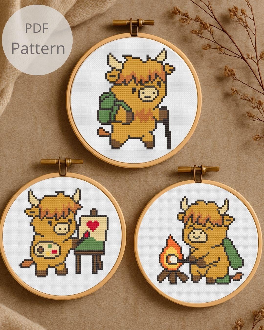 Mini Highland Cow Cross Stitch Pattern Set - 3 Cute Cow Cross Stitch ...