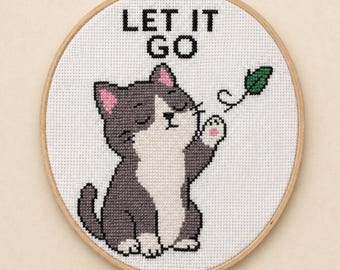 Let It Go Cat Cross Stitch Pattern, Funny Cat Cross Stitch PDF, Cute Mood Animal Pattern, Beginner Cross Stitch,Easy Modern Instant Download