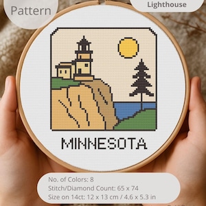 May include: Cross-stitch pattern of the Minnesota Split Rock Lighthouse, featuring a yellow sun, green tree, and blue water. The design is in a wooden embroidery hoop. The text "MINNESOTA" is at the bottom. The pattern size is 4.6 x 5.3 inches.