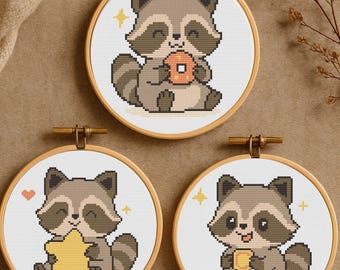 Mini Raccoon Cross Stitch Pattern Set - 3 Cute Raccoon Cross Stitch Bundle - Beginner Animal Cross Stitch - Instant Download PDF