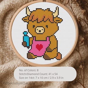 Adorable Tiny Baker Highland Cow Cross Stitch Pattern For Beginner - Easy To Stitch For Animal Lovers, Home Decoration Or Perfect Gift