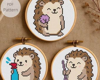 Mini Cleaning Hedgehog Cross Stitch Pattern Set - 3 Cute Hedgehog Patterns - Beginner Animal Cross Stitch - Instant Download PDF
