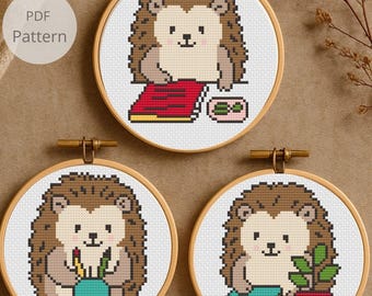 3 Mini Hedgehog Cross Stitch Patterns - Hedgehog Embroidery Design Set - Office & Work From Home Decor, Instant Download PDF