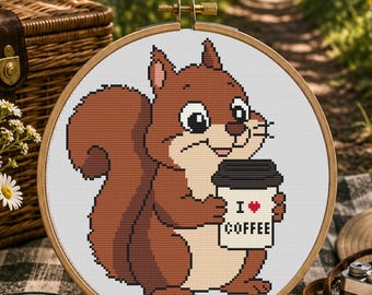 Ohio Squirrel Cross Stitch Pattern, Ohio State Animal PDF, Beginner Woodland Pattern, Cute Squirrel For Coffee Lovers, Pattern Keeper