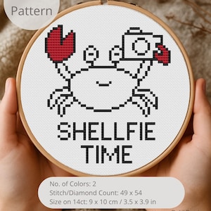Patrón de punto de cruz Mini Shellfie Time - Punto de cruz con humor - Punto de cruz de cangrejo - Punto de cruz de animales - Descarga instantánea en PDF