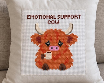 Patrón de punto de cruz de vaca de las Tierras Altas para apoyo emocional, diseño de bordado de vaca divertido, descarga digital