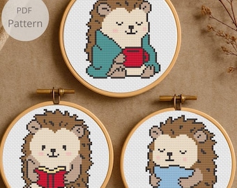 Mini Cozy Hedgehog Cross Stitch Pattern Set - 3 Cute Hedgehog Patterns - Beginner Animal Cross Stitch - Instant Download PDF