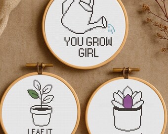 Paquete de punto de cruz con juegos de palabras sobre plantas y suculentas: patrones divertidos con frases para principiantes, PDF de bordado acogedor y bonito, descarga digital.