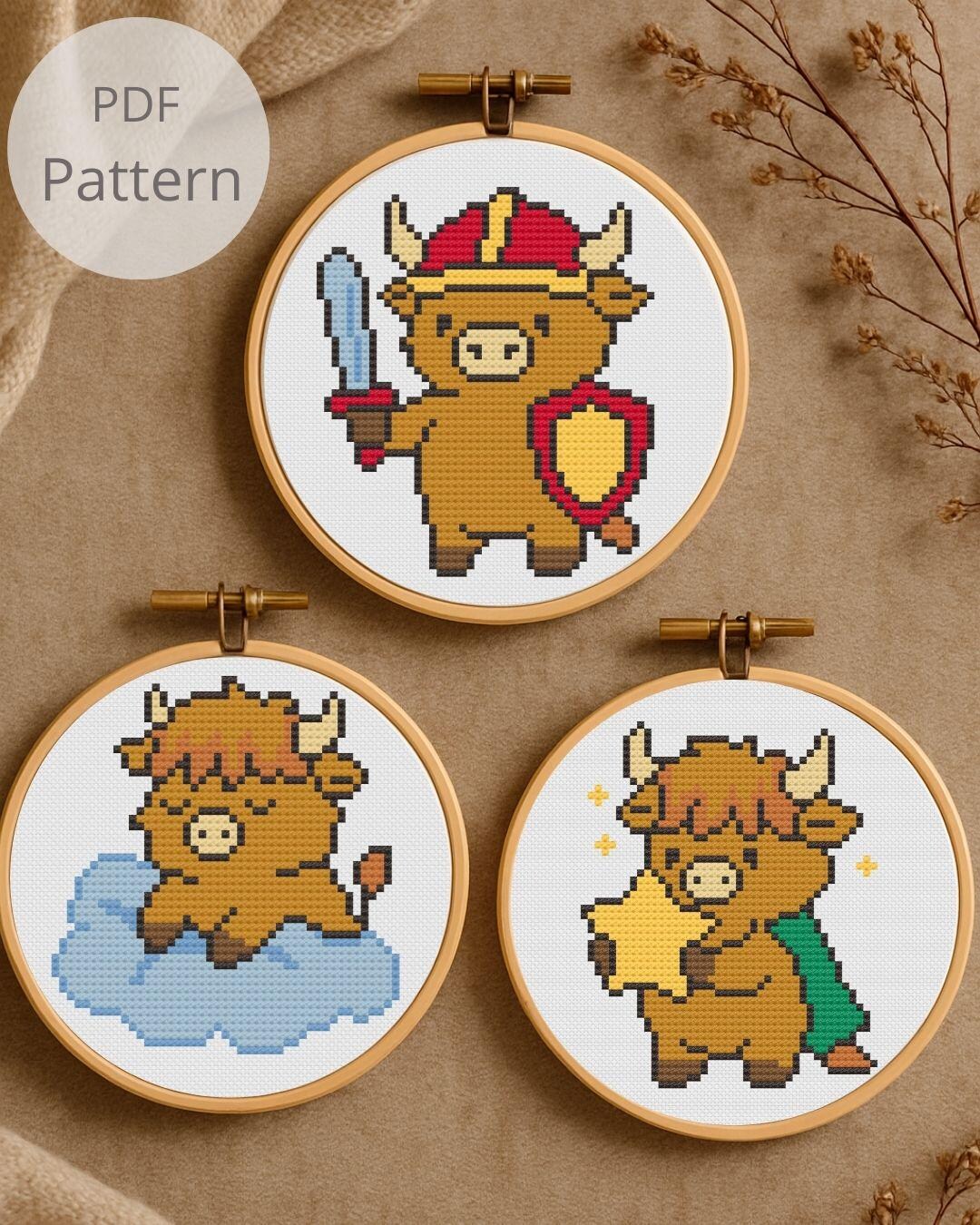 Mini Whimsical Highland Cow Cross Stitch Pattern Set - 3 Cute Cow Cross ...