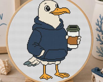 New Jersey Seagull Cross Stitch Pattern, Ocean Bird PDF, Beach Lover Gift, Funny Coffee Lover Stitch Beginner Animal Pattern, Pattern Keeper