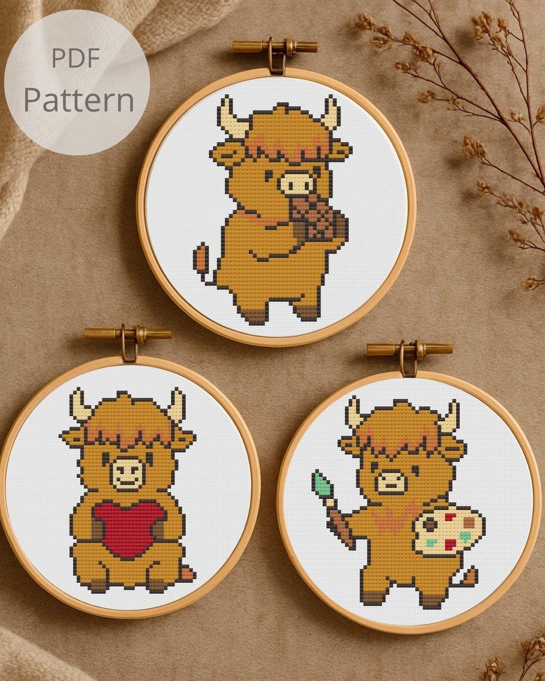 Mini Highland Cow Cross Stitch Pattern Set - 3 Cute Cow Cross Stitch ...
