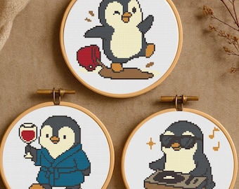 Mini Penguin Cross Stitch Pattern Set - 3 Cute Penguin Cross Stitch Patterns - Beginner Animal Cross Stitch - Instant Download PDF