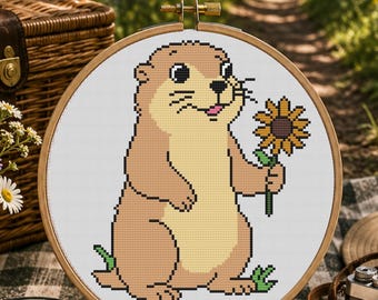 Kansas Prairie Dog Cross Stitch Pattern, Kansas Wildlife PDF, Beginner Prairie Dog With Sunflower Pattern, Easy Nature Stitch Pattern Keeper