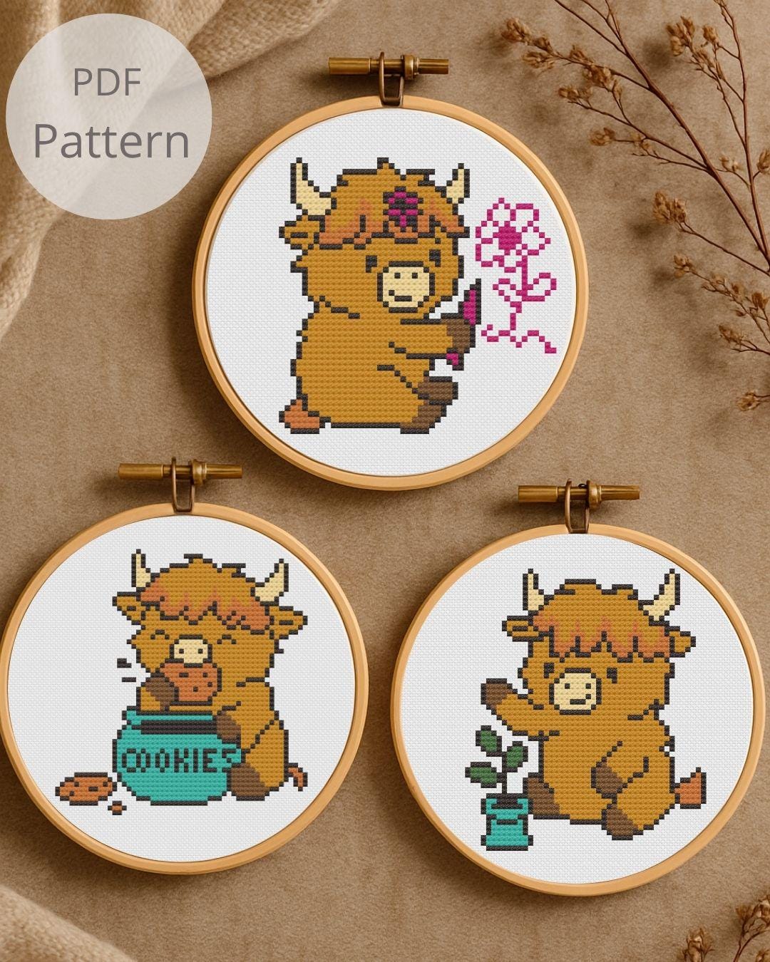 Mini Highland Cow Cross Stitch Pattern Set - 3 Cute Cow Cross Stitch ...