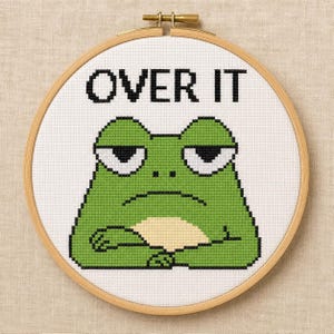 Over It Frog Cross Stitch Pattern, Grumpy Frog PDF, Sarcastic Mood Gift, Pattern Keeper