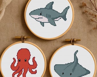 Mini Ocean Cross Stitch Pattern Set - 3 Cute Shark, Octopus, Stingay Patterns - Beginner Animal Cross Stitch - Instant Download PDF