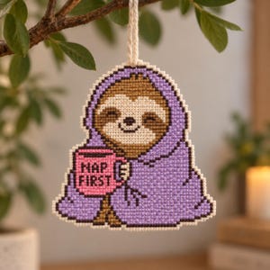 Könnte beinhalten: Ein Kreuzstich-Ornament mit einem braunen Faultier, das in eine violette Decke eingewickelt ist und eine rosa Tasse mit dem schwarzen Aufdruck NAP FIRST hält. Das Ornament hängt an einer weißen Schnur und hat einen weißen Rand.
