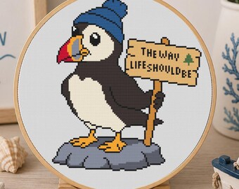 Maine Puffin Cross Stitch Pattern, Maine State Bird PDF, Beginner Beach House Pattern, Easy Nature Stitch, Pattern Keeper