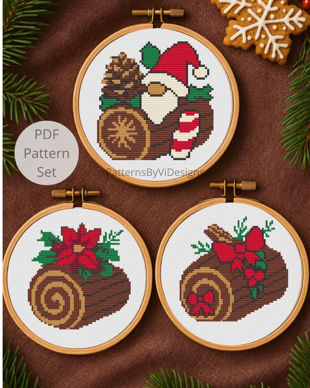 Original Christmas Yule Log Cross Stitch Pattern Set - 3 Mini PDF ...