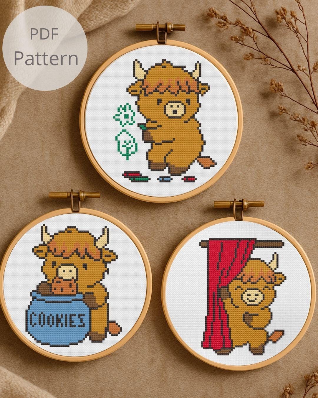 Mini Highland Cow Cross Stitch Pattern Set - 3 Cute Cow Cross Stitch ...